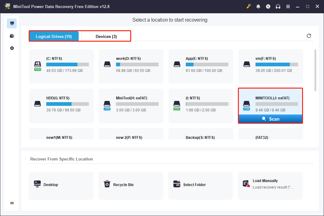 MiniTool Power Data Recovery interface with the Logical Drives, Devices, and Scan buttons highlighted.