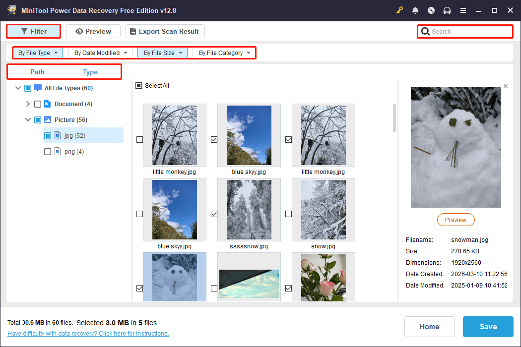 MiniTool Power Data Recovery interface with Path, Type, Filter, and Search features highlighted.