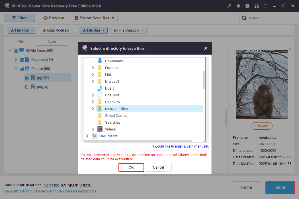 MiniTool Power Data Recovery interface with the Save button selected, showing a small window for save path selection.