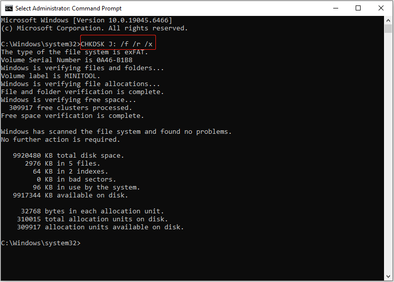 Command Prompt window showing the CHKDSK command to repair file system errors on drive J.