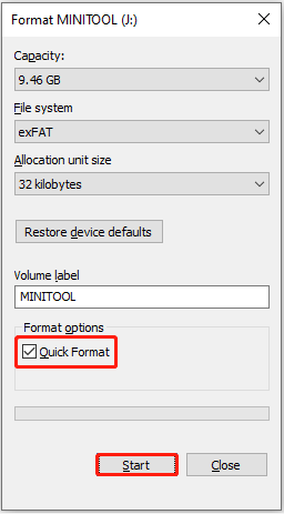 The disk formatting interface with the Quick Format and Start options highlighted.