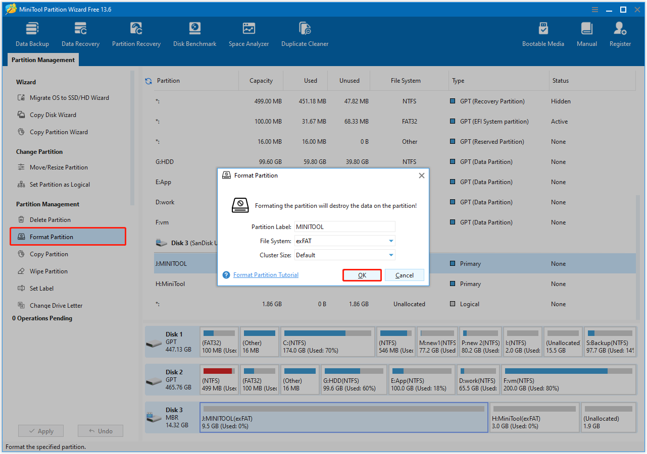 MiniTool Partition Wizard interface with the Format Partition option selected, showing a small disk formatting window.