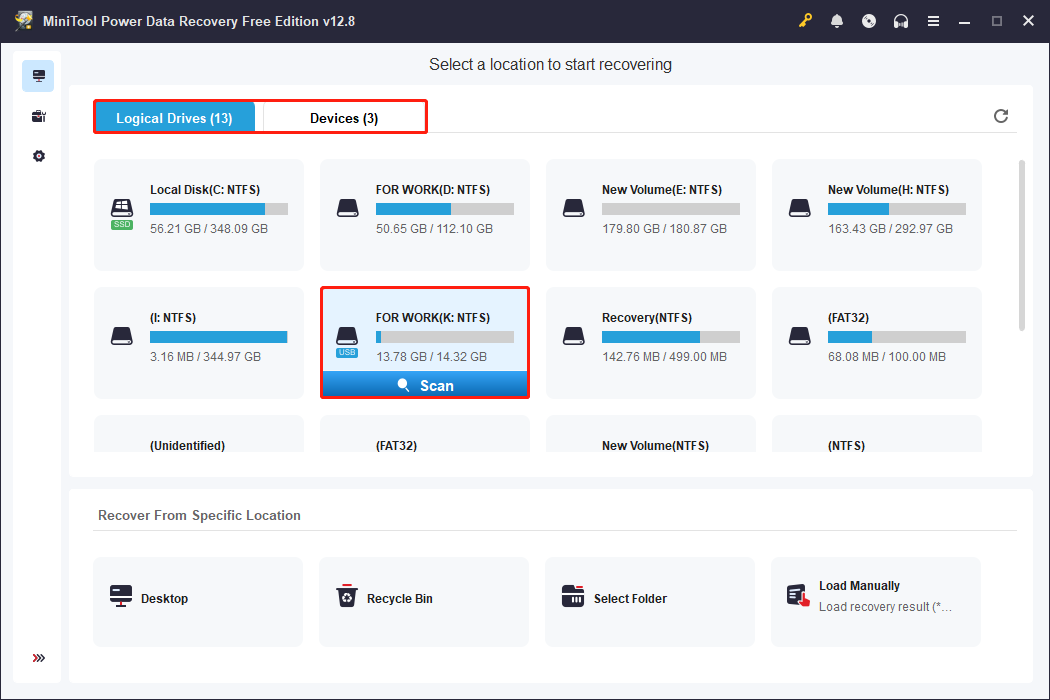 MiniTool Power Data Recovery interface showing all partitions with the target SD card and the Scan icon selected.