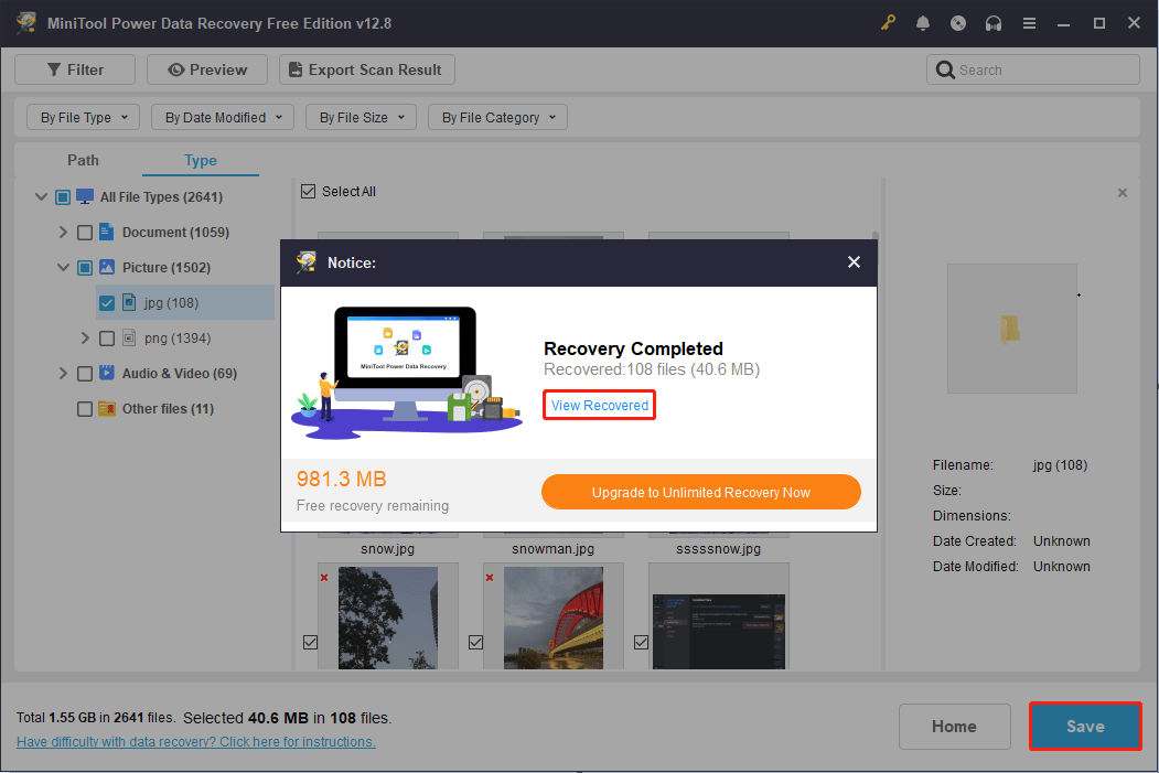 The Recovery Completed window embedded in MiniTool Power Data Recovery showing the Save and View Recovered buttons.
