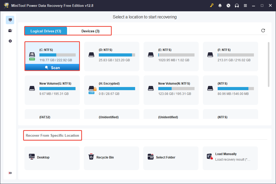 MiniTool Power Data Recovery interface showing the scan modules, with the modules and Scan selected.