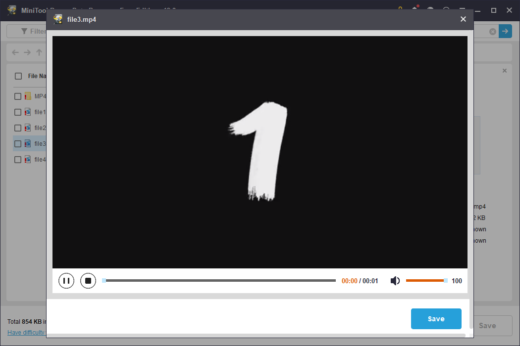 The preview window in MiniTool Power Data Recovery showing a video with a black background and the number 1.