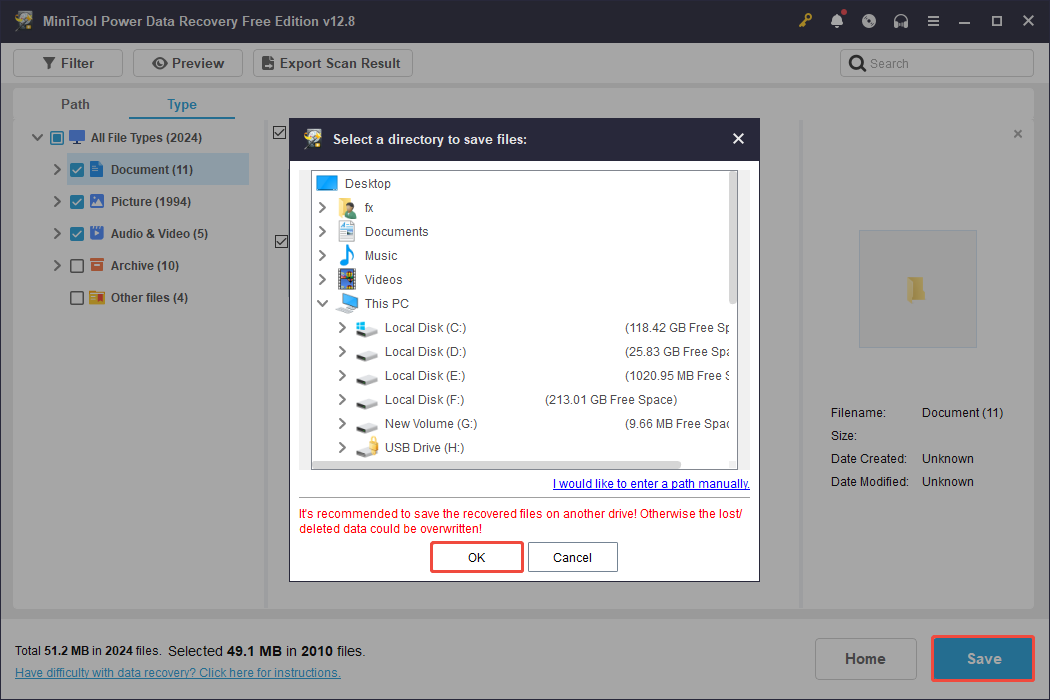 MiniTool Power Data Recovery interface showing a save location window, with Save and OK selected.