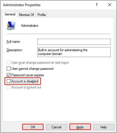 The Properties window showing the administrator account details, with Account is disabled, Apply, and OK selected.