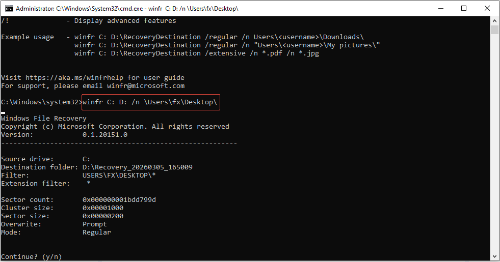 The Command Prompt interface of Windows File Recovery showing the recovery process, with the winfr command selected.