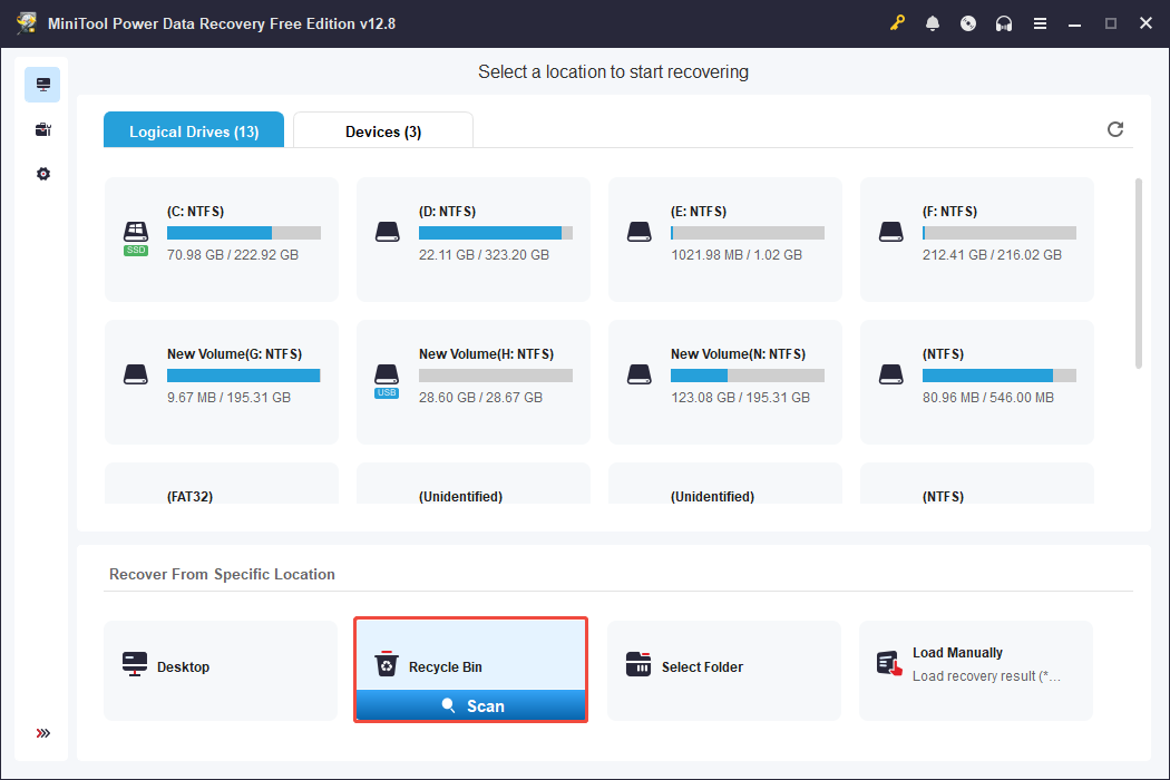 MiniTool Power Data Recovery interface displaying the partitions and specific locations, with Scan highlighted.