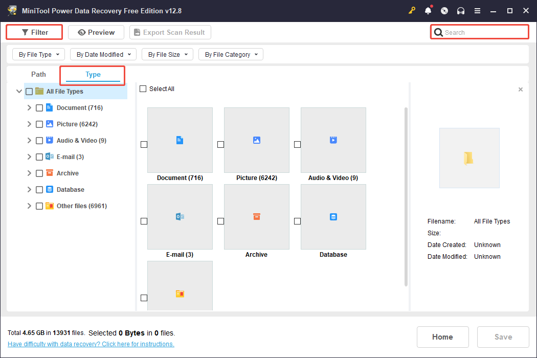 MiniTool Power Data Recovery showing the file types, with Filter, Type, and Search highlighted.