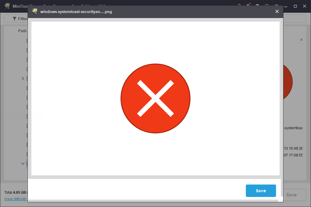 The preview window in MiniTool Power Data Recovery showing a red prohibition symbol for file verification.