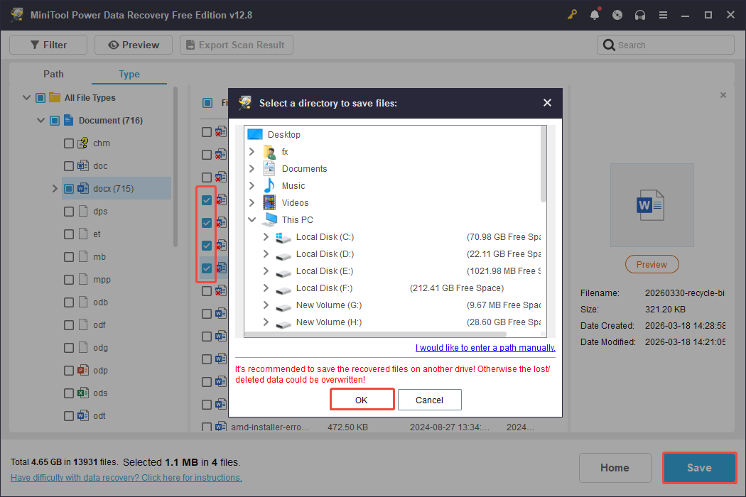 MiniTool Power Data Recovery interface showing the save directory window, with checked files, Save, and OK selected.