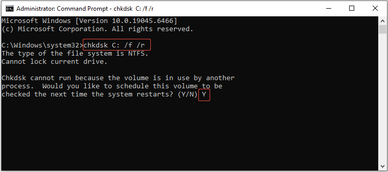 The Command Prompt interface showing CHKDSK in progress with Y confirmed.