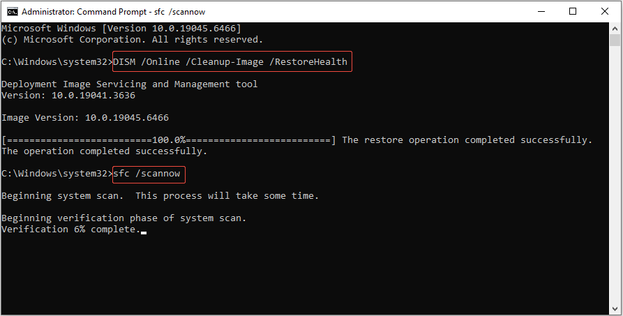 The Command Prompt interface showing the command running, with the DISM and SFC commands selected.