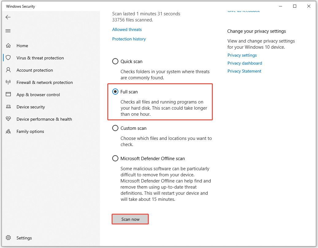 The Windows Security interface showing the scan options, with Full scan and Scan now highlighted.