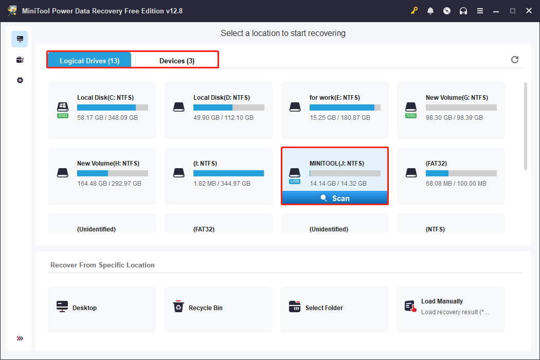 MiniTool Power Data Recovery interface showing all partitions with the SD card selected and the Scan icon highlighted.