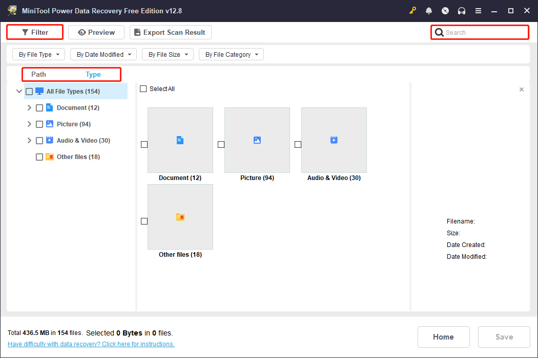 MiniTool Power Data Recovery page showing found files with Path, Type, Filter, and Search selected to find the target files.