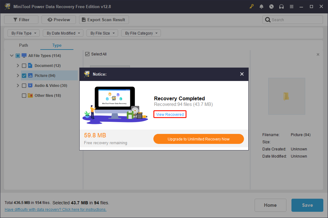 The Recovery Completed window with the View Recovered button selected in the MiniTool Power Data Recovery interface.