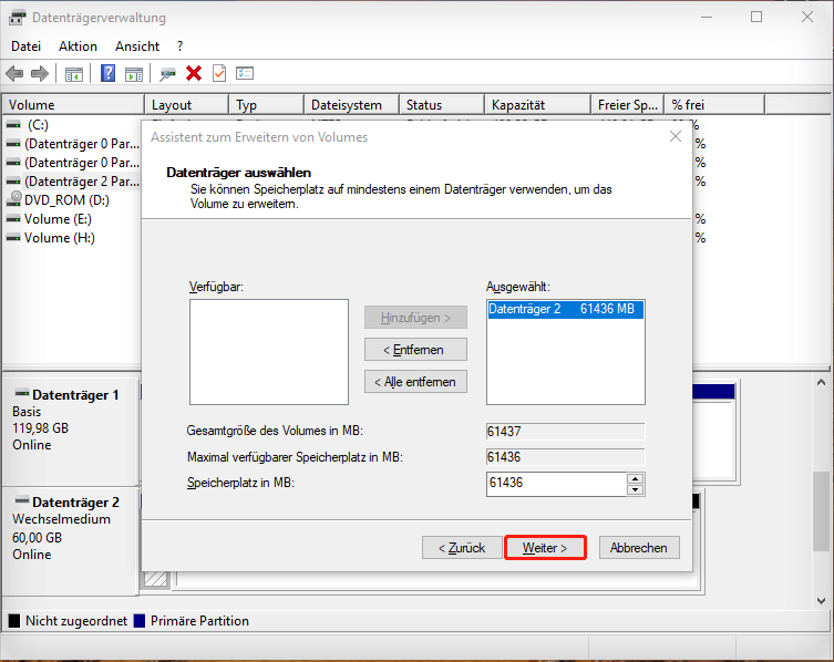 Datenträgerverwaltungsoberfläche mit Anzeige des Assistenten Volume erweitern, Hervorhebung der Schaltfläche Weiter.