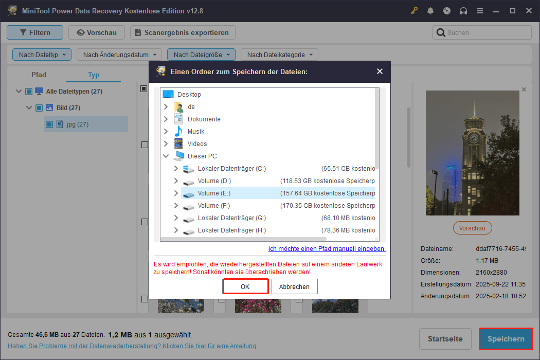 MiniTool-Power-Data-Recovery-Oberfläche mit ausgewählter Schaltfläche Speichern, Anzeige eines eingebetteten Fensters zur Auswahl des Speicherpfads.