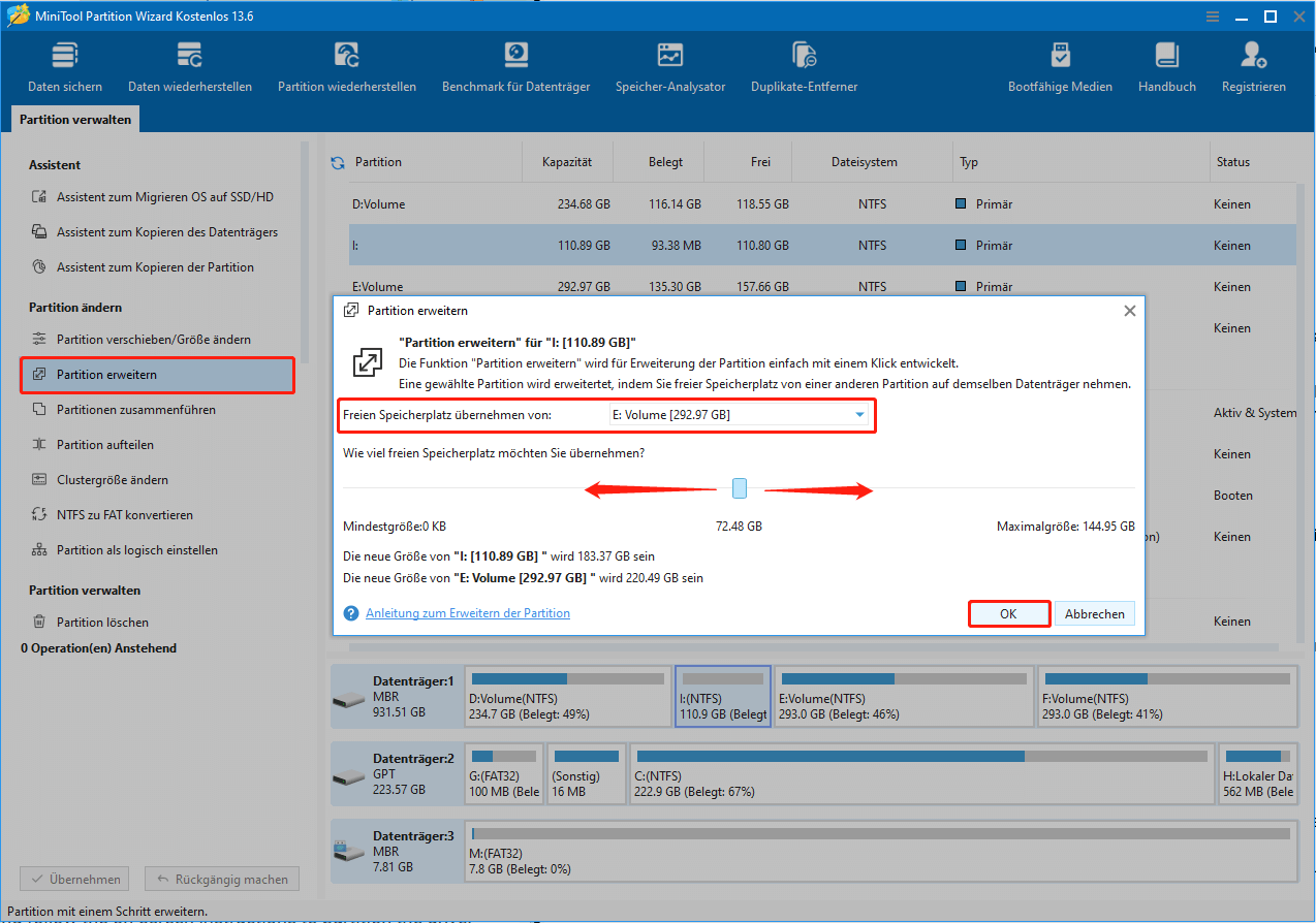 MiniTool Partition Wizard-Oberfläche mit Auswahl der Option Partition erweitern, Anzeige eines Fensters zur Auswahl freien Speicherplatzes.