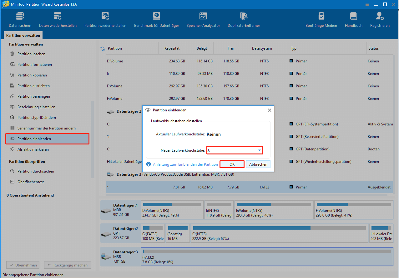 MiniTool-Partition-Wizard-Oberfläche mit Auswahl der Option Partition einblenden, Anzeige eins eingebetteten Fensters zur Auswahl des Laufwerksbuchstabens.