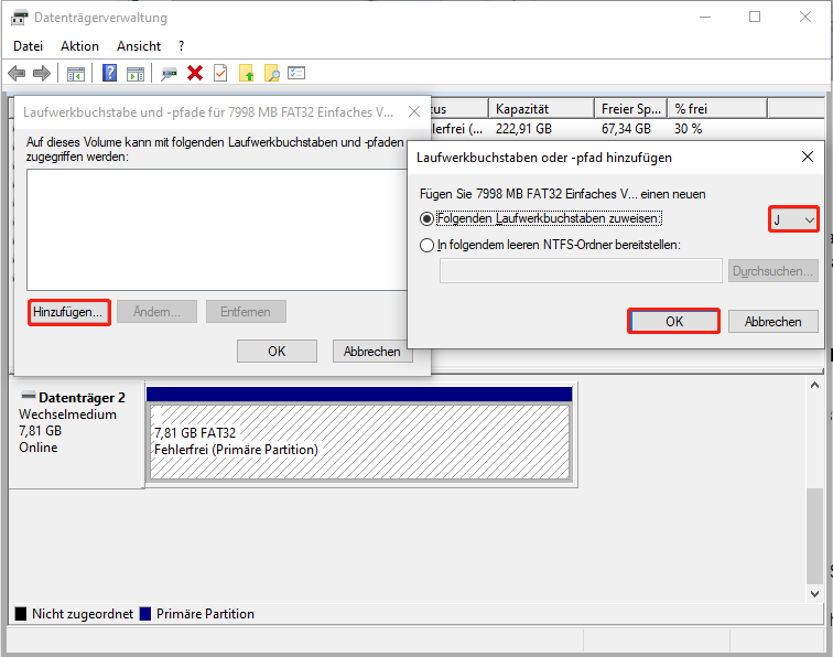 Datenträgerverwaltungsoberfläche mit Anzeige des Fensters Laufwerksbuchstaben und -pfad ändern, Hervorhebung der Schaltfläche Hinzufügen.