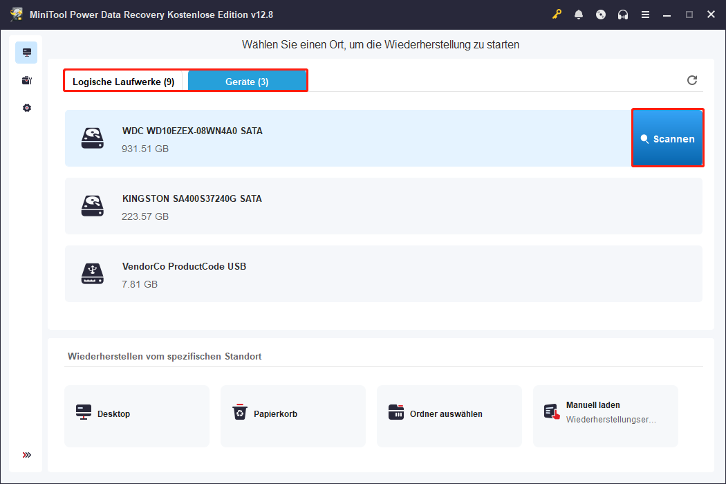 MiniTool-Power-Data-Recovery-Oberfläche mit Hervorhebung von Logische Laufwerke, Geräte und der Schaltfläche Scannen.