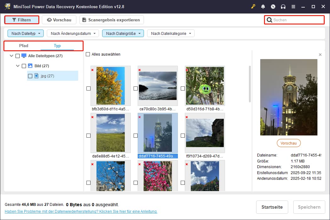 MiniTool-Power-Data-Recovery-Ergebnisoberfläche mit Hervorhebung von Pfad, Typ, Filtern und Suchen.