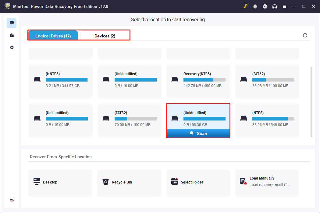 MiniTool Power Data Recovery interface showing all partitions with the target one selected and the Scan icon highlighted.
