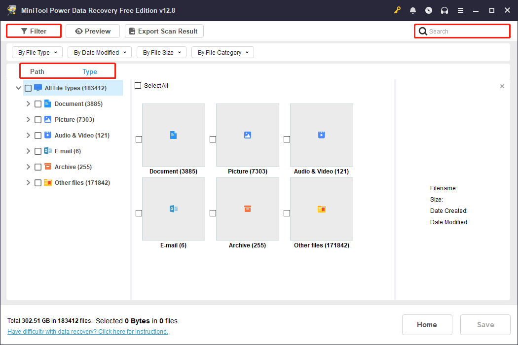 MiniTool Power Data Recovery interface with Path, Type, Filter, and Search selected to find the target files.