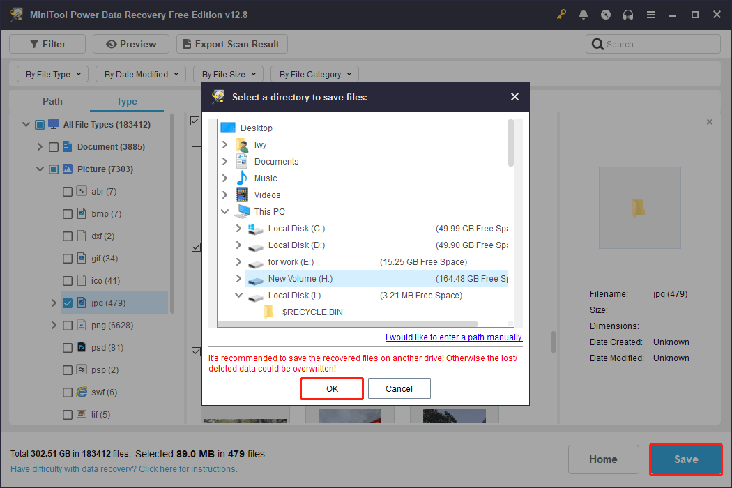 MiniTool Power Data Recovery interface with a path selected for the recovered files and the Save button selected.