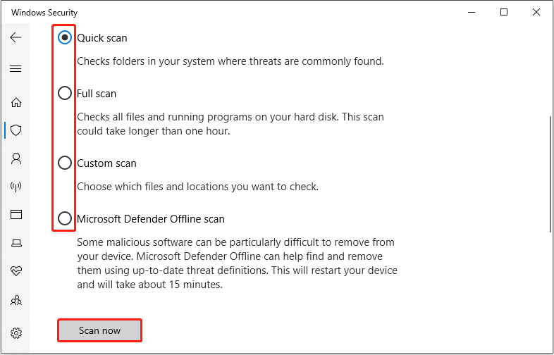 Windows Security interface showing all scan methods with the Quick scan and the Scan now button selected.