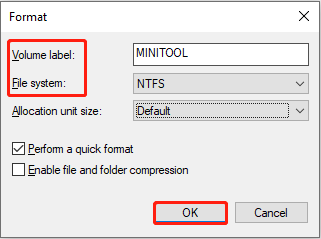 The Format window showing the new volume label and file system, with the OK button selected.