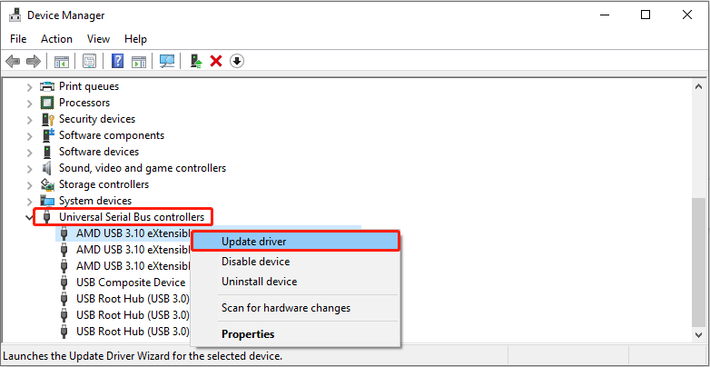 Device Manager interface showing universal serial bus controllers with the target one and the Update driver option selected.