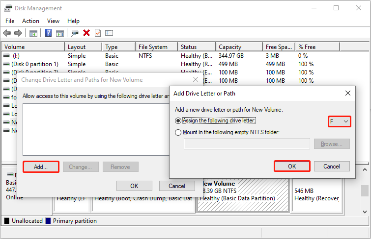 Disk Management interface showing a Change Drive Letter and Paths window with the Add button and a letter selected.
