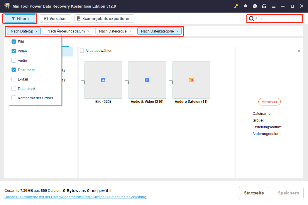 Vier verschiedene Funktionen in MiniTool Power Data Recovery.