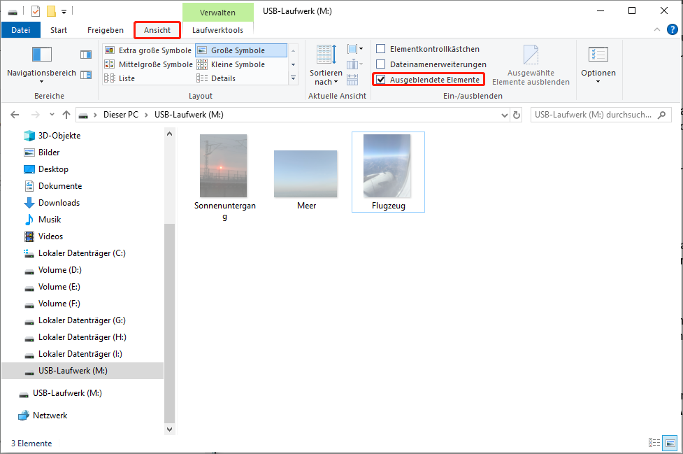 Datei-Explorer-Ansicht mit geöffneter Registerkarte View und aktivierter Option Hidden items zur Anzeige versteckter Dateien.