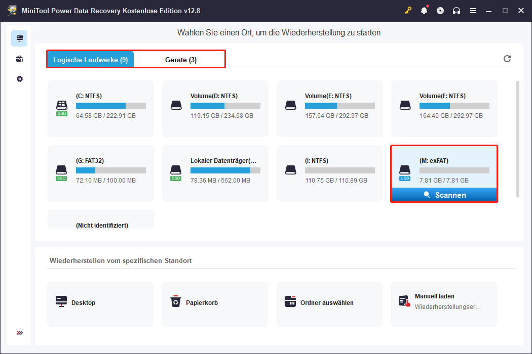 MiniTool Power Data Recovery mit hervorgehobenen Schaltflächen Logische Laufwerke, Geräte und Scannen.