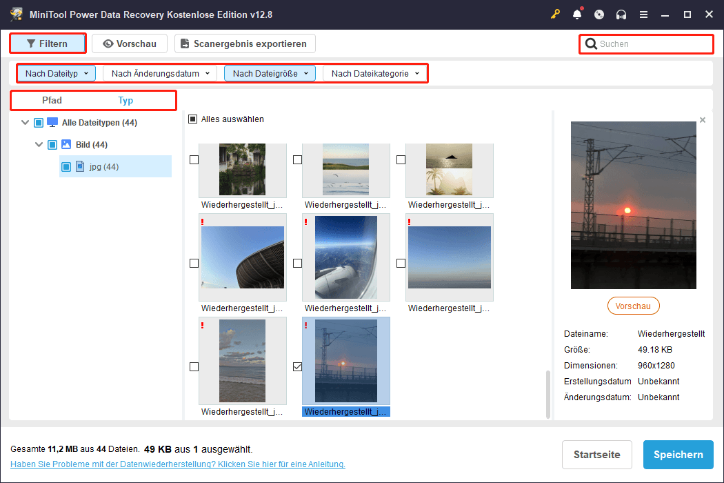MiniTool Power Data Recovery mit hervorgehobenen Funktionen Path, Type, Filtern und Suchen.