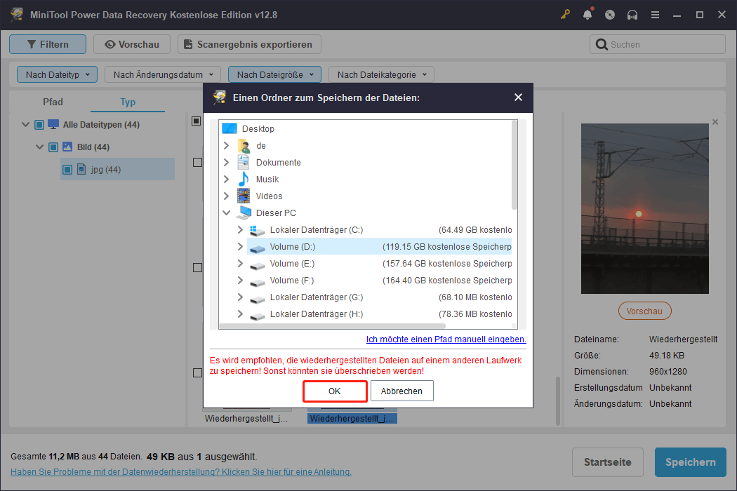 MiniTool Power Data Recovery mit ausgewählter Schaltfläche Speichern und angezeigtem Fenster zur Auswahl des Speicherorts.