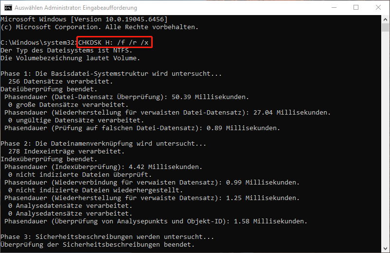 Eingabeaufforderung mit angezeigtm CHKDSK-Befehl zur Behebung von Dateisystemfehlern auf Laufwerk J.