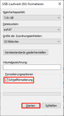 Formatierungsoberfläche mit hervorgehobenen Optionen Schnellformatierung und Starten.