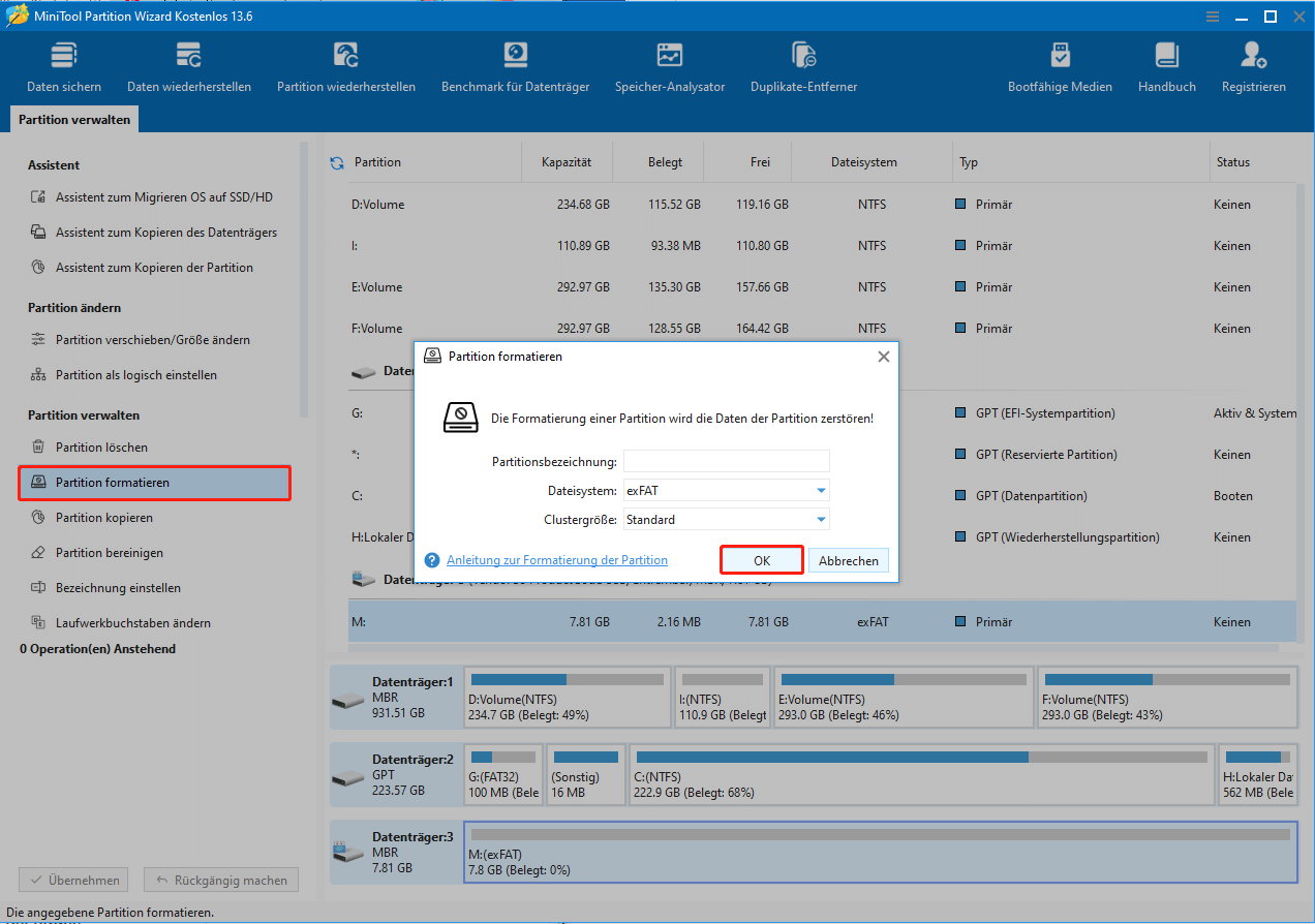 MiniTool Partition Wizard mit ausgewählter Option Format Partition und angezeigtem Fenster zur Datenträgerformatierung.