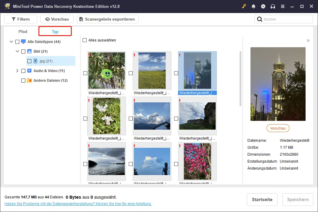 Anzeigen von Dateien nach Dateityp.