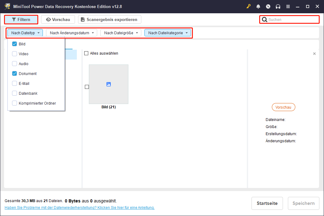 Filtern und Suchen von Dateien.