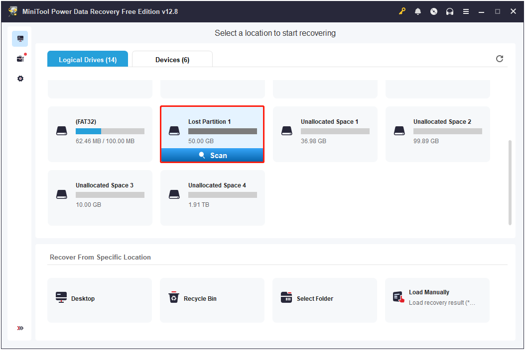 MiniTool Power Data Recovery interface showing listed partitions, with the Scan button highlighted.