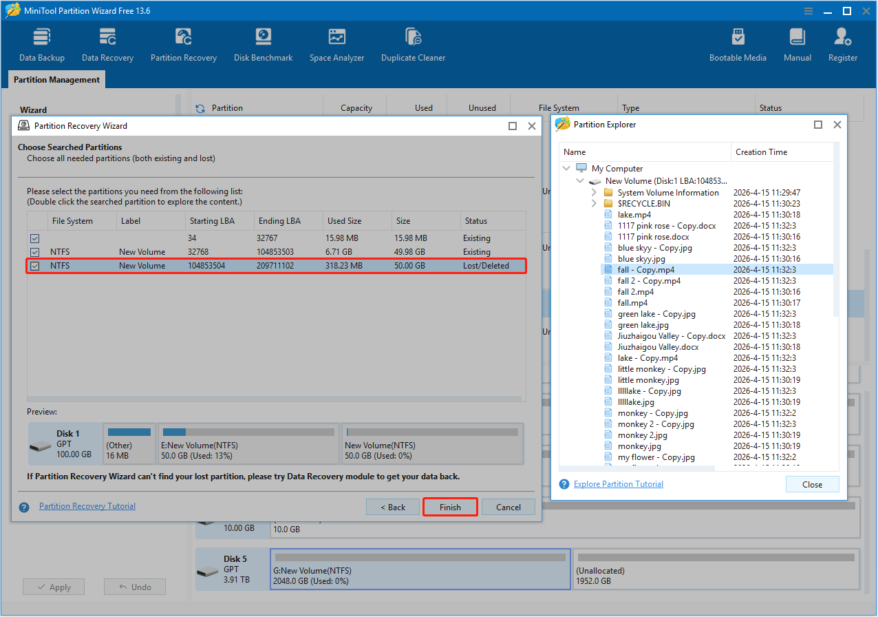 MiniTool Partition Wizard partition recovery interface, showing a file structure preview window.