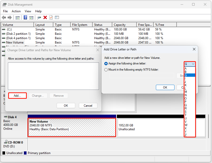 Disk Management interface showing the windows to add a drive letter for the selected partition.